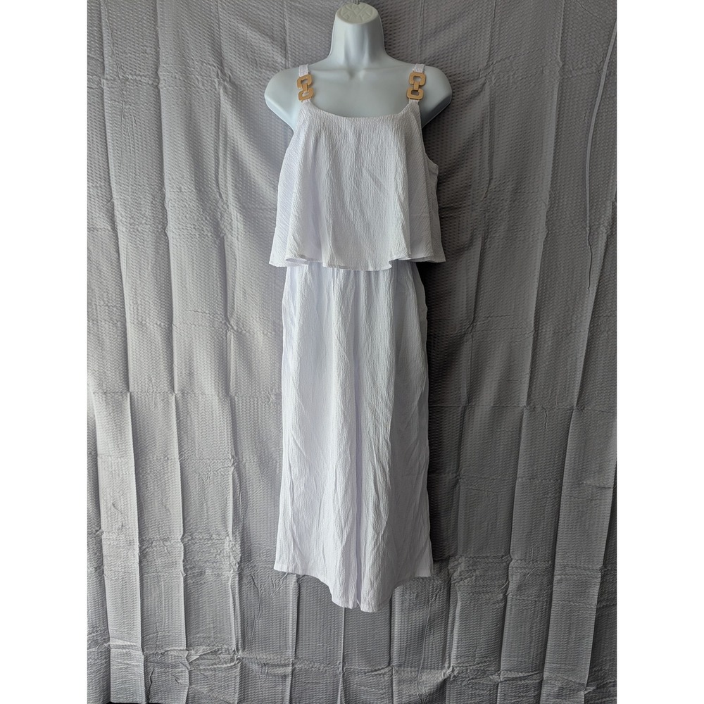 Nina Leonard White Crinkle Popover Wide Leg Jumpsuit Gold Chain Straps Small